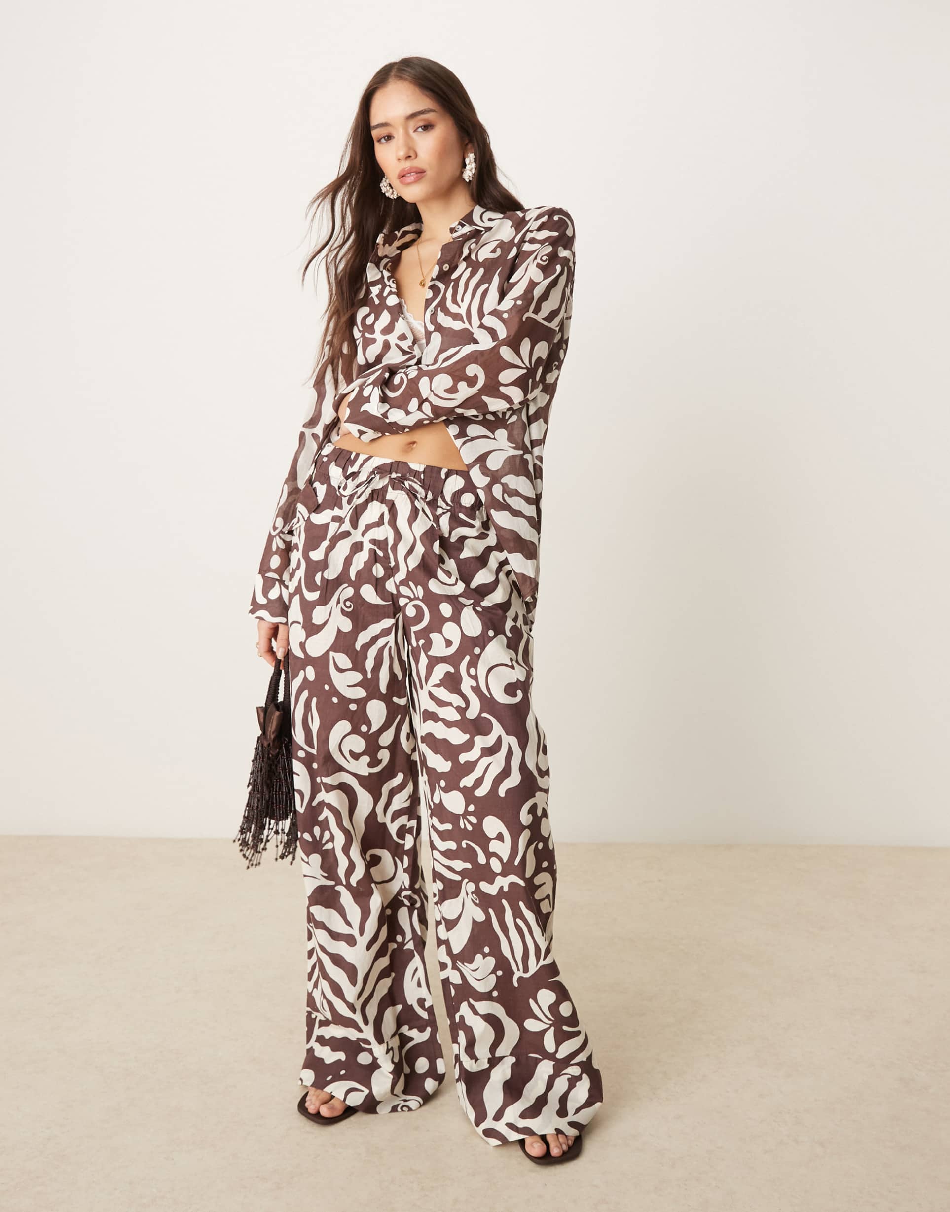 mango abstract botanical print tie waist wide leg pants in brown - part of a set
