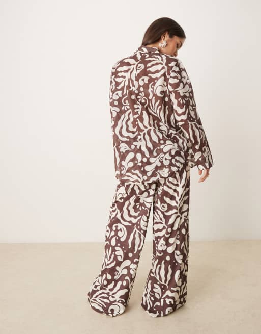 Mango abstract botanical print tie waist wide leg pants in brown - part of a set, 2 of 5