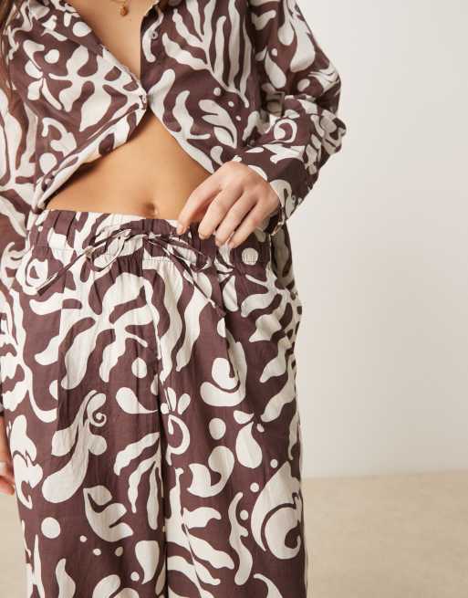 Mango abstract botanical print tie waist wide leg pants in brown - part of a set, 3 of 5