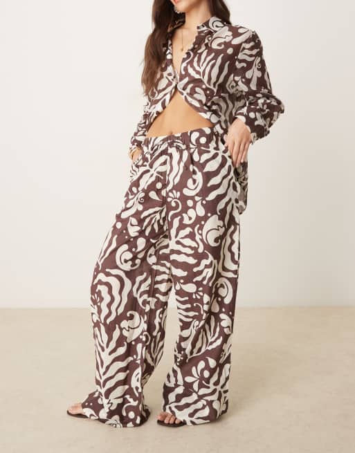 Mango abstract botanical print tie waist wide leg pants in brown - part of a set, 5 of 5