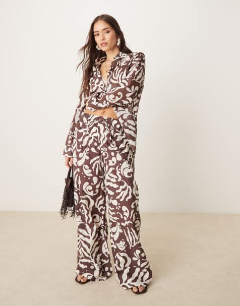 Mango abstract botanical print tie waist wide leg trouser co-ord in brown - view 1