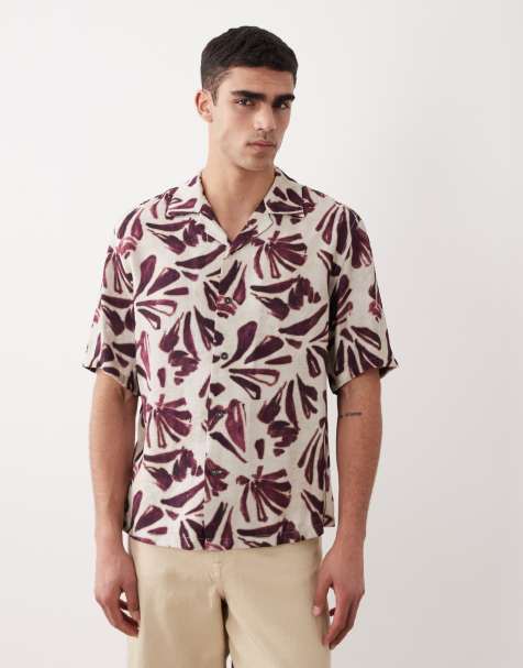 Mango abstract palm print short sleeve shirt in deep red - view 1