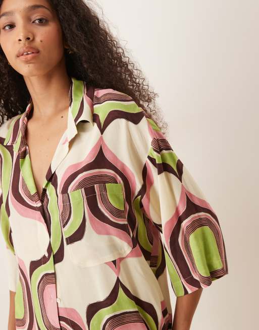Mango abstract retro geometric print boxy fit shirt co-ord in beige, 3 of 4