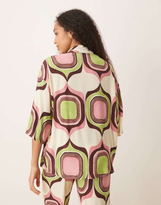 Mango abstract retro geometric print boxy fit shirt co-ord in beige, 4 of 4