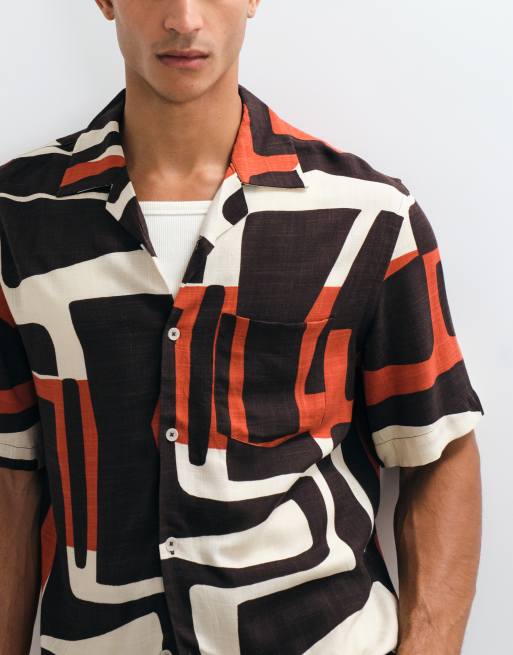 Mango abstract retro print short sleeve shirt in brown, 3 of 5