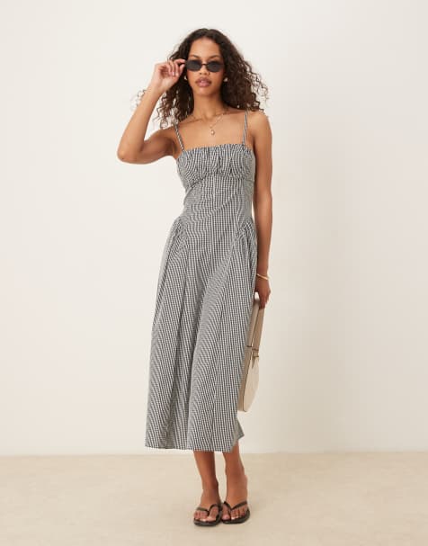 Mango adjustable strap midaxi dress with structured bodice in black gingham - view 1