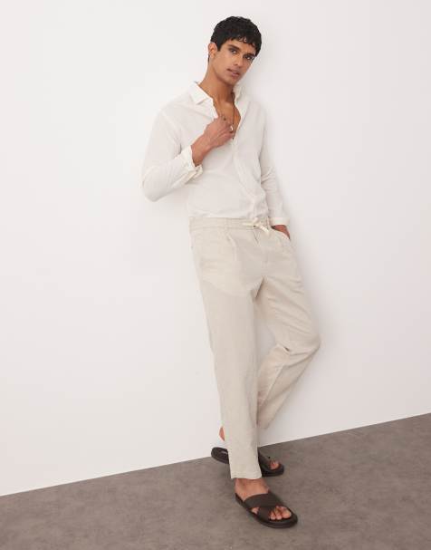 Mango adjustable waist linen mix trousers in beige - view 1