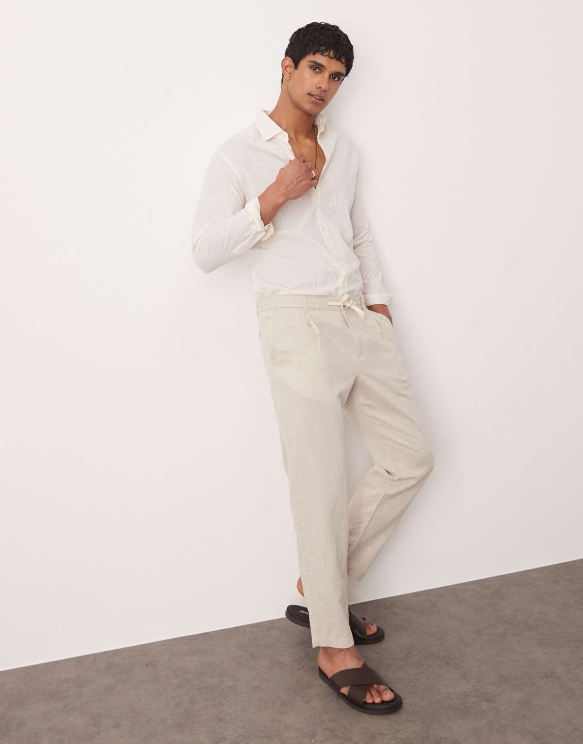 Mango adjustable waist linen mix trousers in beige
