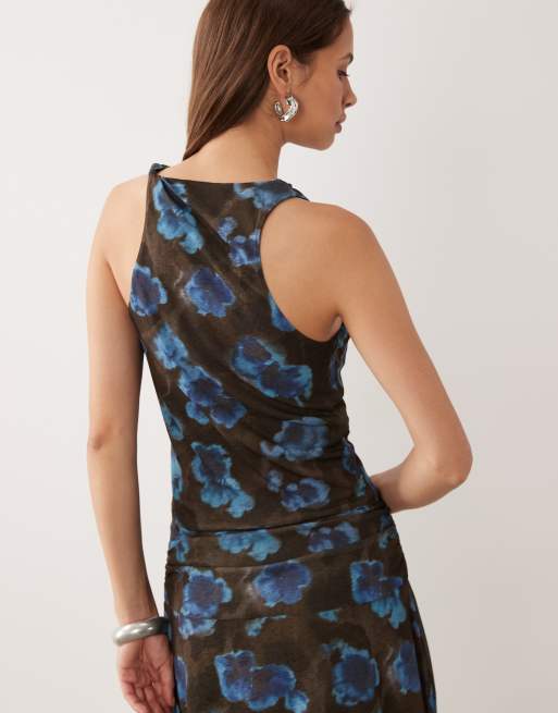 Mango Alba cowl neck sleeveless top in brown and blue floral print - part of a set, 4 of 4