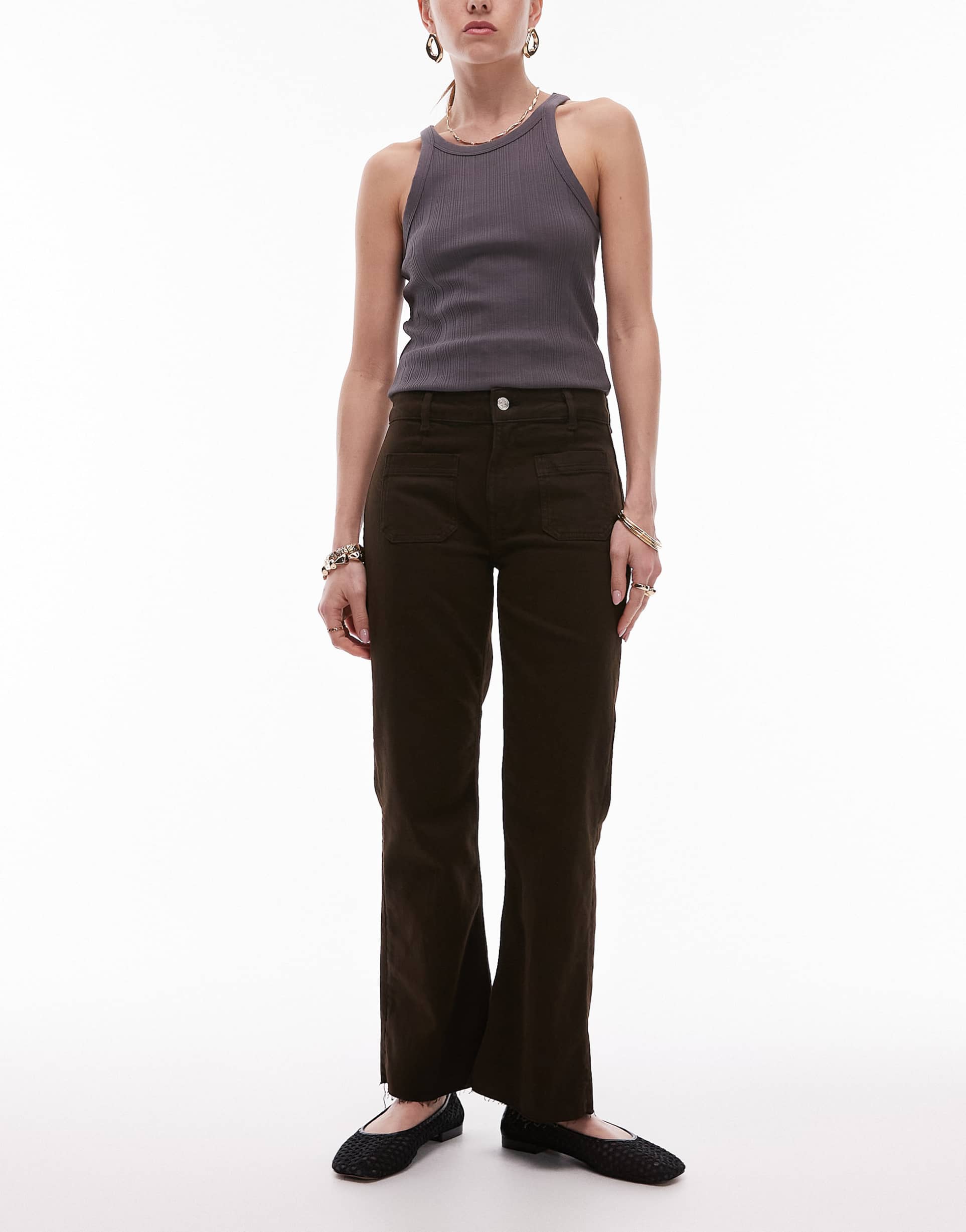 mango alex cropped kick flare front pocket jeans in chocolate