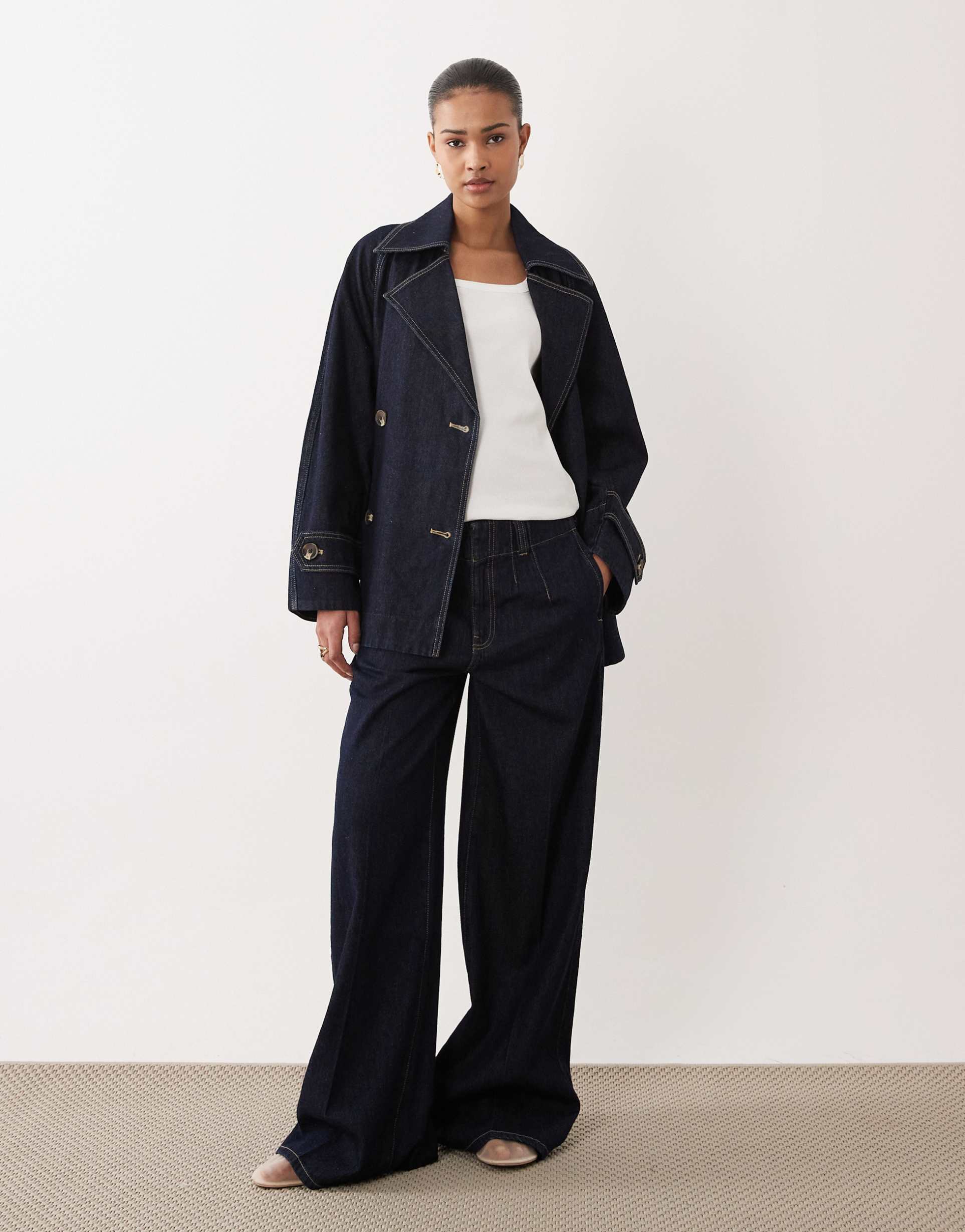 mango alma 100% cotton pleat front denim pants in indigo - part of a set