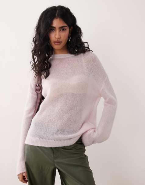 Mango alpaca wool mix crew neck jumper with bell sleeves in pale pink