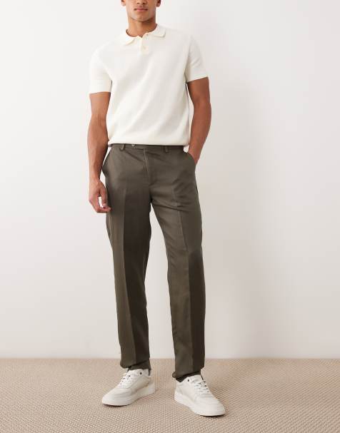 Mango Amalfi 100% linen slim fit suit trouser co-ord in khaki - view 1