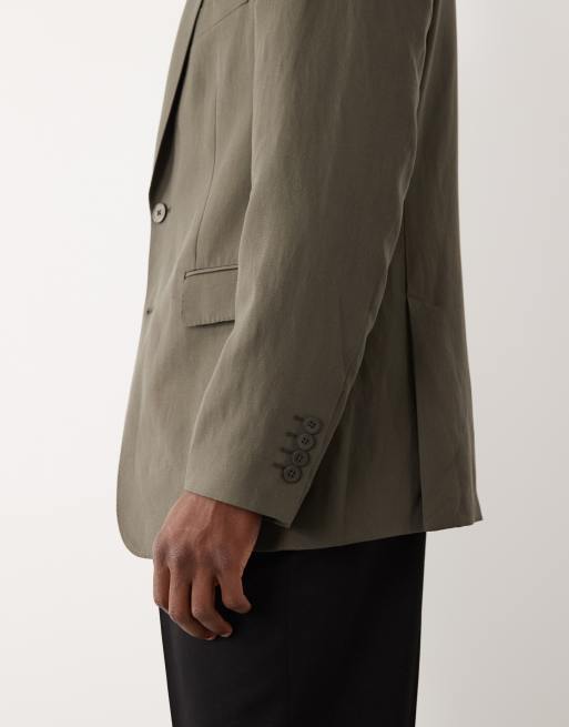 Mango Amalfi linen blend slim fit suit blazer co-ord in khaki, 3 of 5
