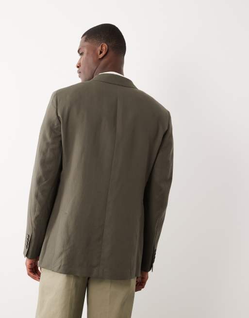 Mango Amalfi linen blend slim fit suit blazer co-ord in khaki, 4 of 5