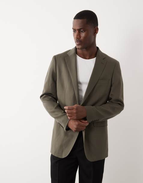 Mango Amalfi linen blend slim fit suit blazer in khaki - part of a set - view 1