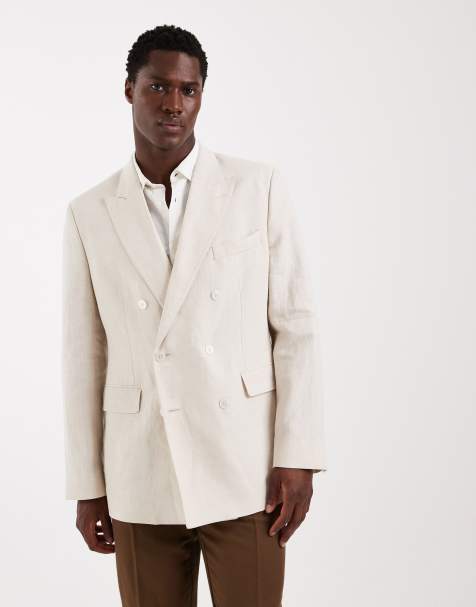 Mango Amalfic 100% linen slim fit bouble breasted suit blazer in ecru - view 1