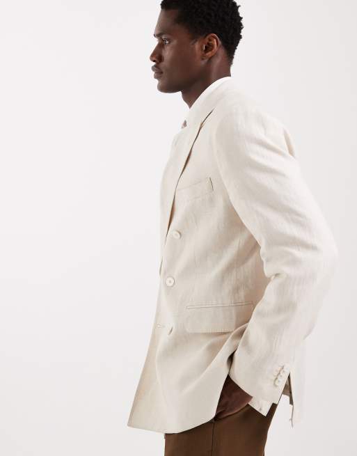Mango - Amalfic - Beige dobbeltradet Slim Fit-habitblazer i 100% hør, 4 af 5