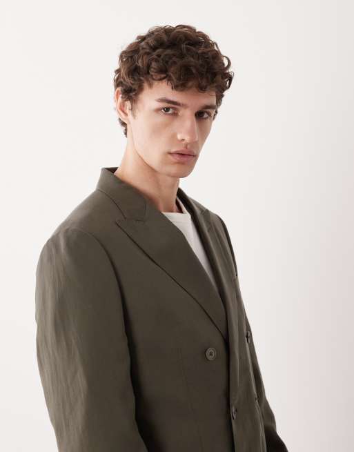 Mango Amalfic linen blend double breasted tailored blazer in green, 4 of 5