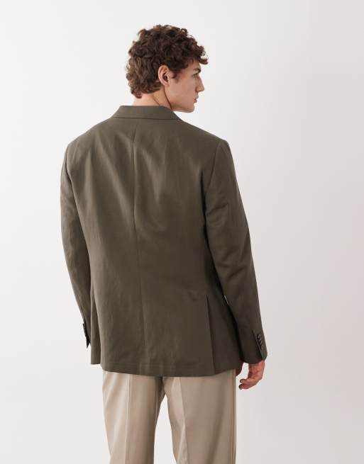 Mango Amalfic linen blend double breasted tailored blazer in green, 5 of 5