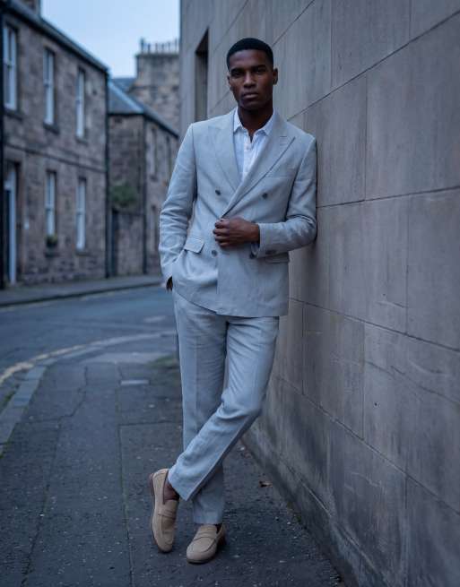 Mango Amalfic linen blend slim fit double breasted suit blazer in pale blue, 11 of 12