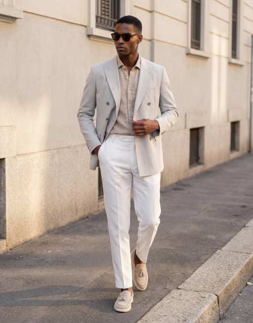 Mango Amalfic linen blend slim fit double breasted suit blazer in pale blue, 12 of 12