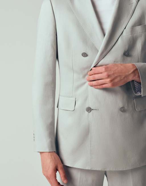 Mango Amalfic linen blend slim fit double breasted suit blazer in pale blue, 5 of 12