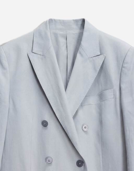Mango Amalfic linen blend slim fit double breasted suit blazer in pale blue, 8 of 12