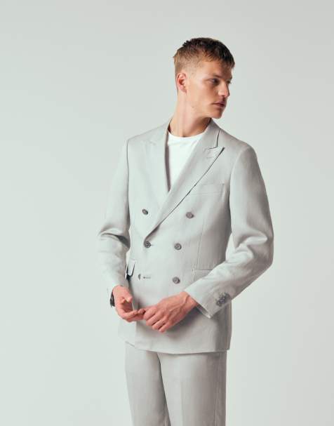 Mango – Amalfic – Zweireihiger Slim-Fit-Anzugblazer aus Leinenmix in Blassblau - view 1