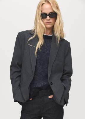 Mango - Angerauter, eleganter Oversize-Blazer in Grau mit Karomuster