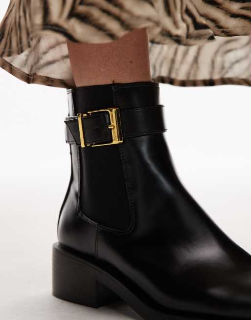 Mango ankle boots with gold buckle detail in black | ASOS