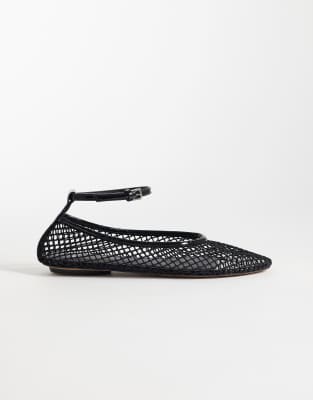 Mango Ankle Tie Woven Ballet Flats In Black