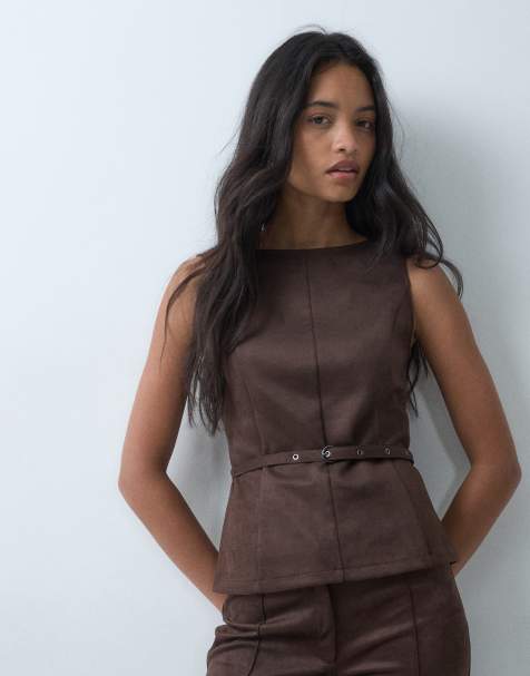Mango Ante mouwloze top met ceintuur, co-ord in bruin - view 1