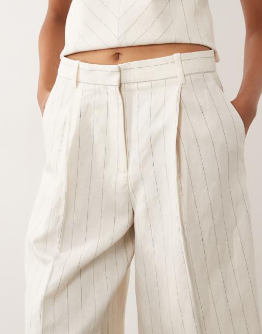 Mango – Argelia – Gräddvita, randiga bermudashorts i linnemix, del av set, 3 av 5