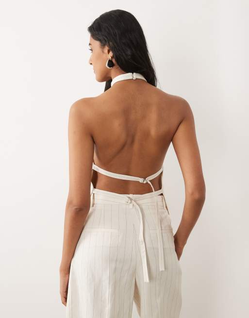 Mango Argelia halterneck top in cream stripe - part of a set, 4 of 4