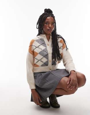 Mango Argyle Cardigan In Neutral