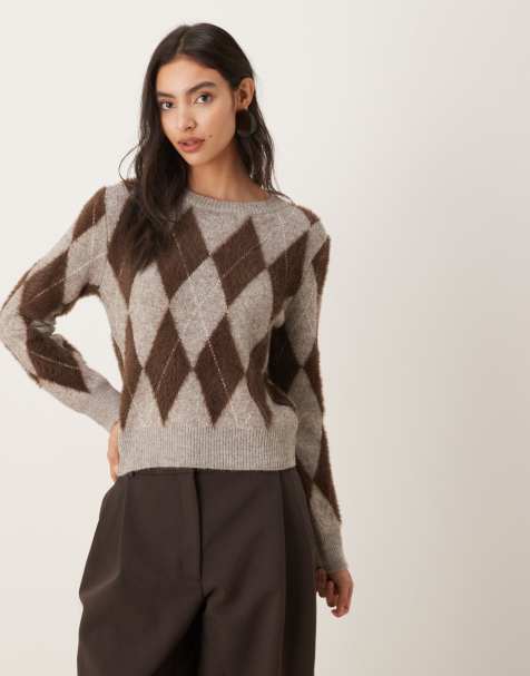 Mango argyle round neck jumper in grey and burgundy - view 1