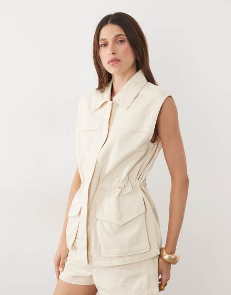 Mango Aria 100% cotton cinched waist vest co-ord in beige - view 1