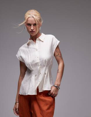 Mango - Ärmellose, taillierte Hemdbluse in Hellbeige-Neutral