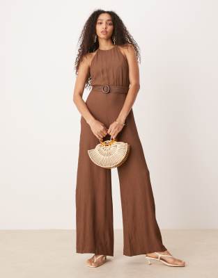 Mango - Ärmelloser Baumwoll-Jumpsuit in Braun mit Web-Gürtel