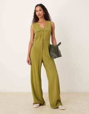Mango - Ärmelloser Jumpsuit in Grün mit Knopfleiste