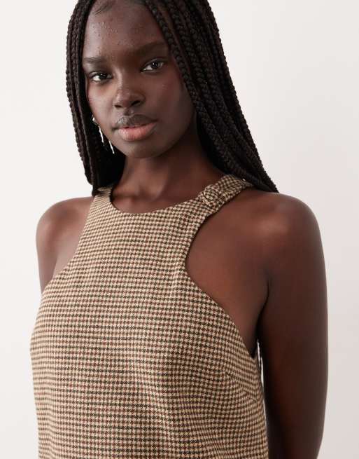 Mango – Ärmelloses, elegantes Minikleid mit braunem Karomuster, 4 von 4