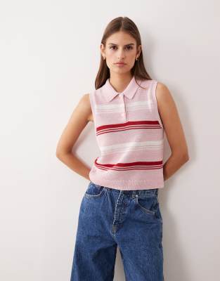 Mango - Ärmelloses, gestricktes Polo-Oberteil in Rot und Rosa