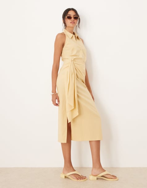 Mango – Ärmelloses Kleid in Gelb mit Bindedetail am Rock - view 1
