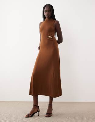 Mango - Ärmelloses Maxikleid in Mittelbraun mit Metall-Detail-Brown