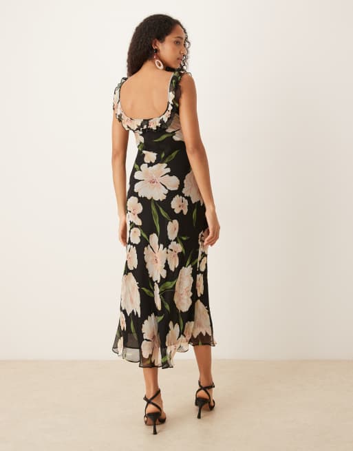 Mango – Ärmelloses Maxikleid mit Rüschenbesatz und Blumenprint auf dunklem Untergrund, 4 von 4