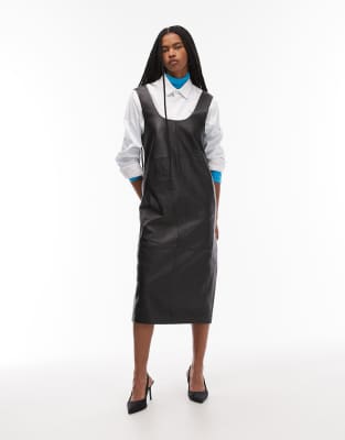Mango - Ärmelloses Midikleid aus 100% Leder in Schwarz mit quadratischem Ausschnitt