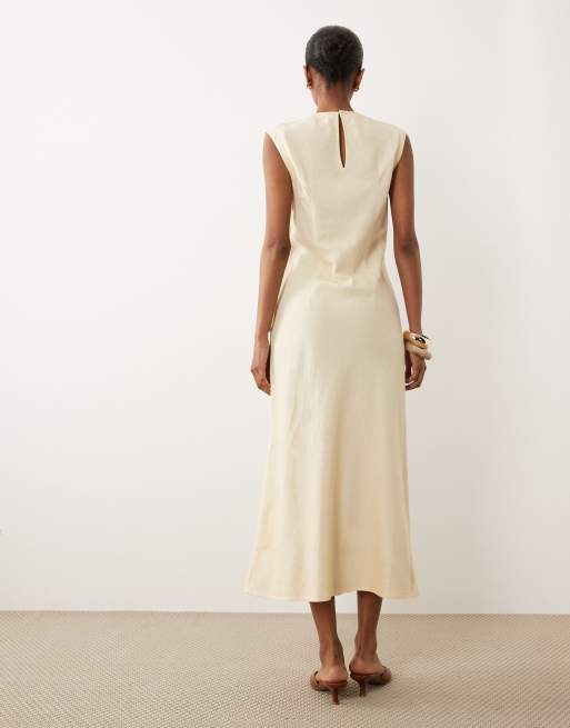 Mango – Ärmelloses Midikleid aus Leinenmix in Buttergelb mit Bindegürtel, 3 von 4