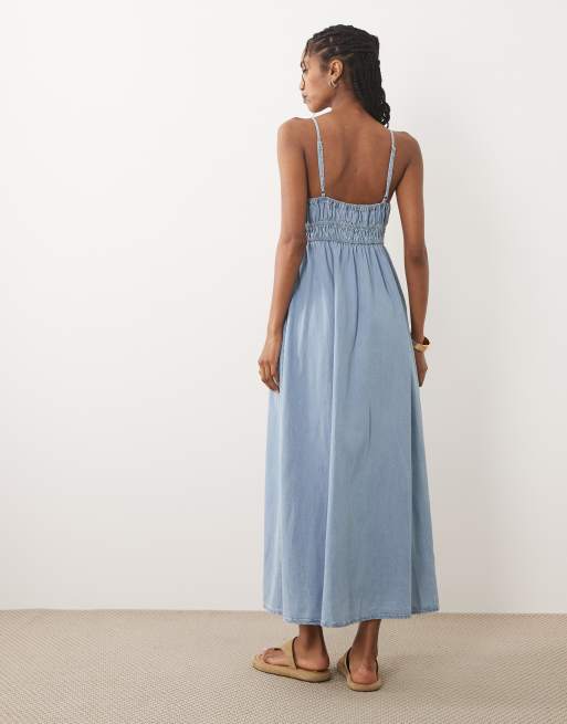 Mango – Ärmelloses Midikleid in Blau mit Raffung, 4 von 4