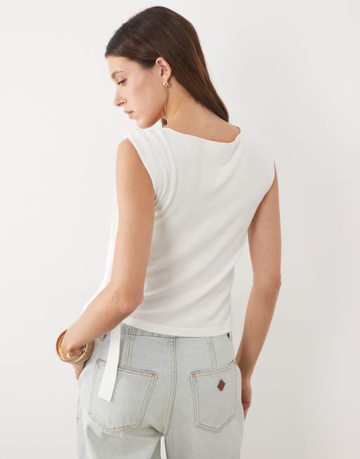 Mango ärmelloses Strickoberteil mit Bindeträgern in Weiß, 3 von 4